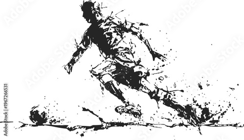 Dynamic soccer player kicking ball with splattered ink effect, sports illustration, active motion