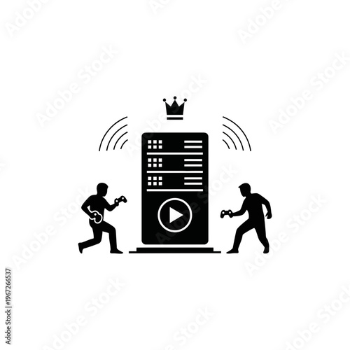 Two musicians playing near video player.