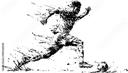 Dynamic soccer player kicking ball with motion effect in artistic black ink
