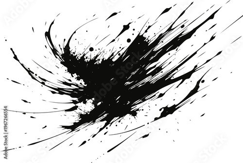dynamic black ink splatter with chaotic brush strokes on white background, abstract artistic design