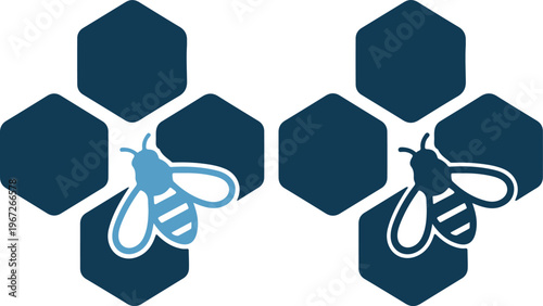 Blue bees flying around hexagons