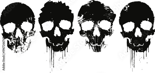 Grunge skulls set with ink splatter and dripping paint elements dark gothic design, horror and halloween theme