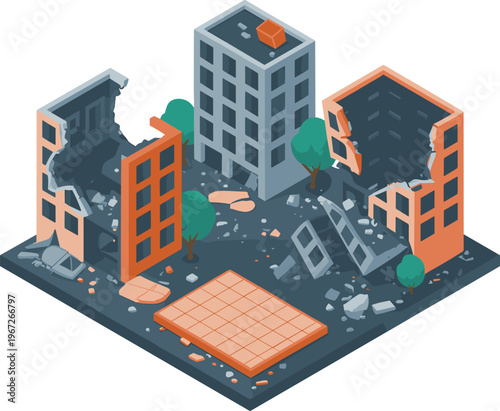 Isometric destroyed city buildings, earthquake damage scene, urban disaster, ruined architecture, debris collapse, emergency crisis, destruction concept, 3D illustration