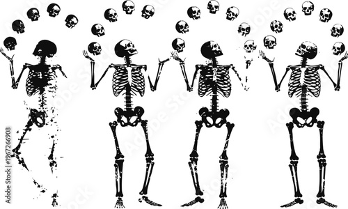 Four dancing skeletons playing with skulls in a playful, spooky halloween themed illustration