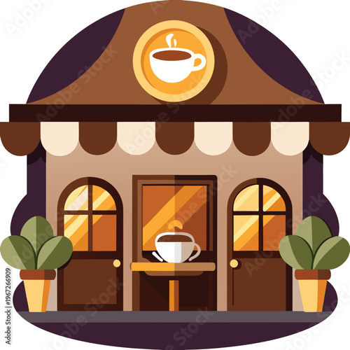 Coffee Shop Building Facade with Plants and Sign cafe