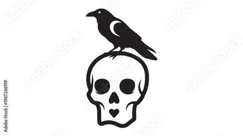 Crow with crescent moon on its wing perched atop a skull with a heart for a nose, stark black silhouette on white background.