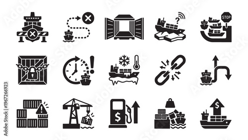 Maritime shipping disruption and port logistics glyph icon set for cargo delays, supply chain crisis, and freight management UI design
