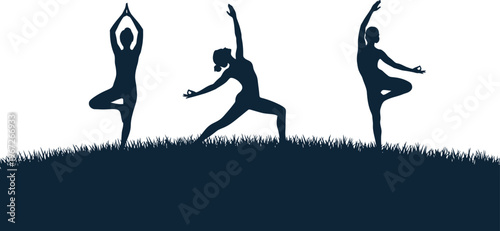 Silhouetted figures in yoga poses against a gradient sky promoting wellness and mindfulness