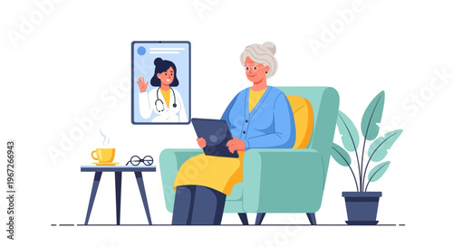 Elderly Woman Receiving Telemedicine Consultation via Video Call on Tablet at Home with Female Doctor. Online Healthcare for Seniors.