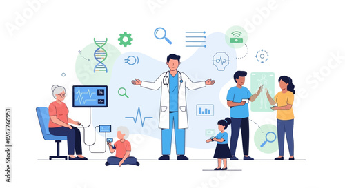 Integrated Digital Healthcare and Family Wellness: Doctor, Patients, & Medical Technology Illustration