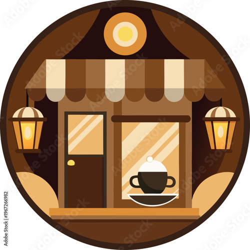 Coffee shop facade with awning and lanterns cafe building
