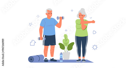 Active Senior Couple Exercising Together: Strength Training & Stretching for Healthy Aging Illustration