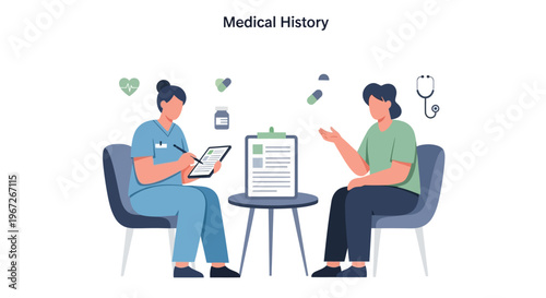 Medical History Consultation: Doctor and Patient Discussing Health Records, Flat Vector Illustration