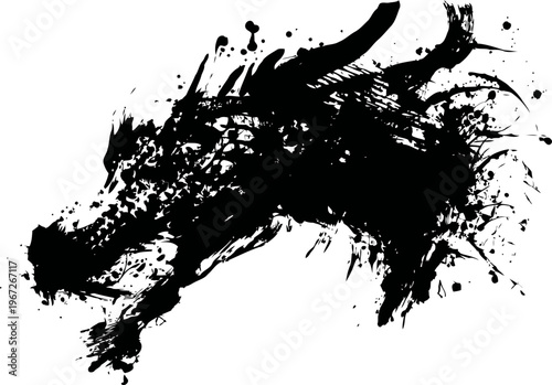 Ink splash silhouette of a leaping frog with dynamic paint splatter effects and abstract