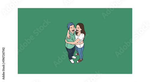 Two young women embracing with affection and happiness, cartoon style, isolated on green background, friendship and love concept