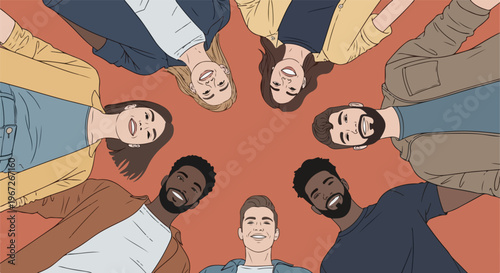 Diverse group of smiling young adults forming a circle, looking up, symbolizing community, teamwork, and inclusion. Modern flat illustration of happy diverse people.