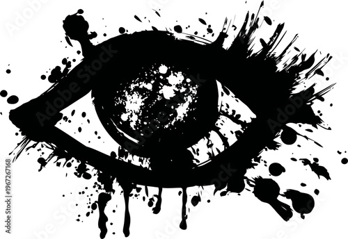 Abstract black ink splatter eye design with paint brush strokes and drops artistic illustration