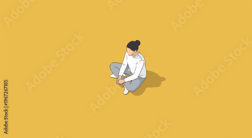 A young woman sits cross-legged on a plain yellow background, looking contemplative and calm, with a soft shadow.