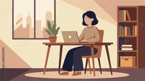 Woman working remotely on laptop in minimalist home office apartment