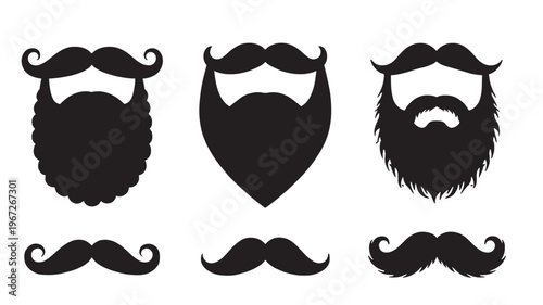 Beards and mustaches in black silhouette are displayed in a set against a white background, representing diverse styles.