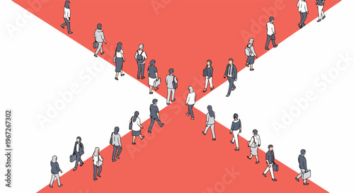 Isometric illustration of a diverse crowd of people walking across a red 'X' intersection, symbolizing urban life, human interaction, and decision points.