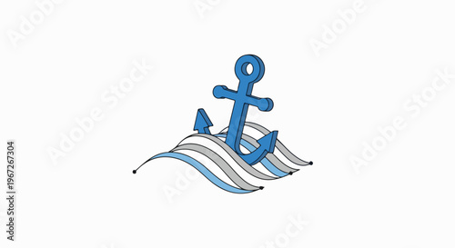 Stylized blue anchor icon on abstract waves, symbolizing maritime themes, stability, and nautical adventure. Clean graphic design for travel, ocean, or marine concepts.