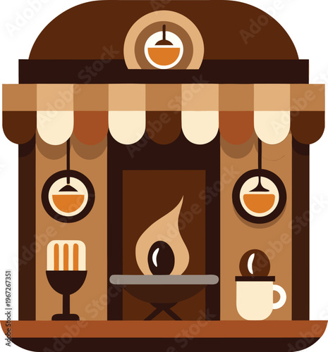 Coffee shop interior with fireplace and coffee cups