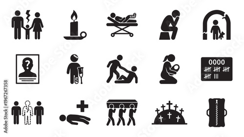 Funeral and mourning ceremony glyph icon set for grief support, memorial services, bereavement, and end of life care UI design