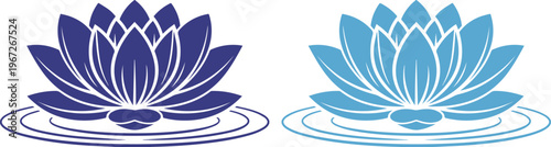 Flor de loto minimalista en tonos azules, ilustración vectorial de nenúfar zen, iconos de flores acuáticas para spa y bienestar