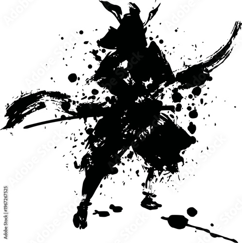 samurai warrior silhouette with ink splash effect, traditional japanese sword and dynamic brush strokes