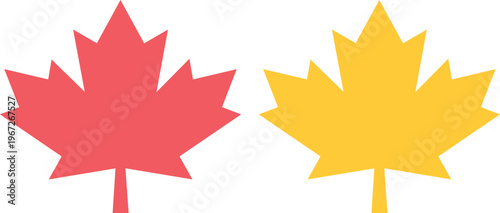 Hojas de arce en colores rojo y amarillo, iconos de follaje otoñal, elementos vectoriales de naturaleza canadiense sobre fondo blanco