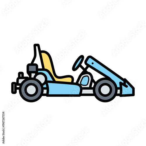 Blue and yellow go-kart, cartoon style, isolated on white background, racing vehicle
