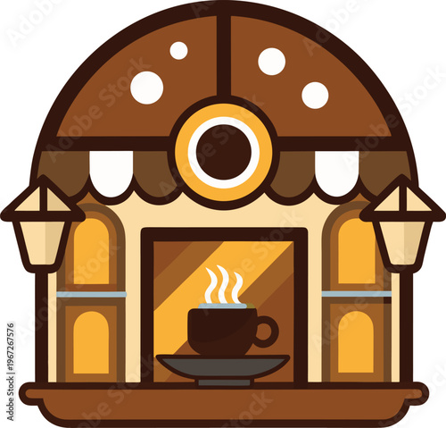 Coffee shop with illuminated windows and coffee cup