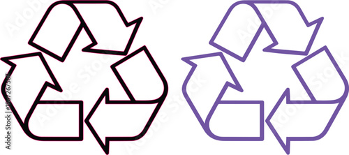 Recycle symbol vector icon, black and purple outline recycling arrows, sustainable environmental conservation graphic element, eco-friendly waste management illustration for packaging and web