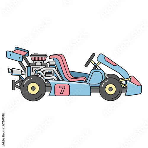 Blue Go Kart Racer with Pink Accents and Wing - Cartoon Style