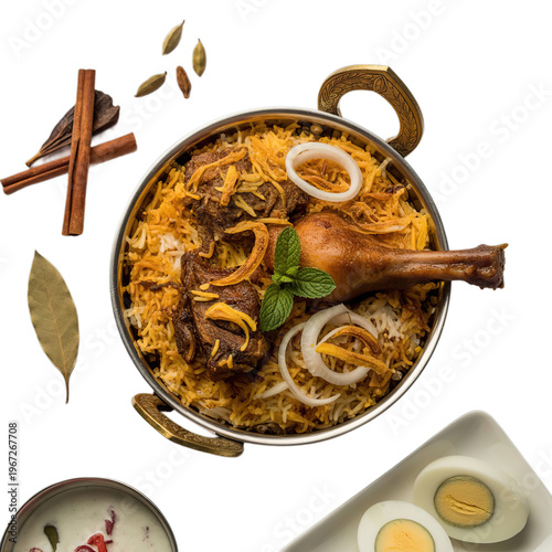 op view of indian food Hyderabadi Biryani isolated on white background