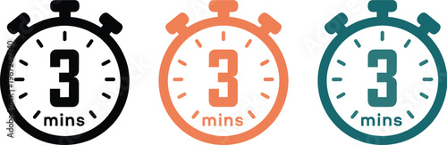 Three minutes countdown timer icon set featuring digital stopwatches in black orange and teal colors for quick timing and productivity tracking.
