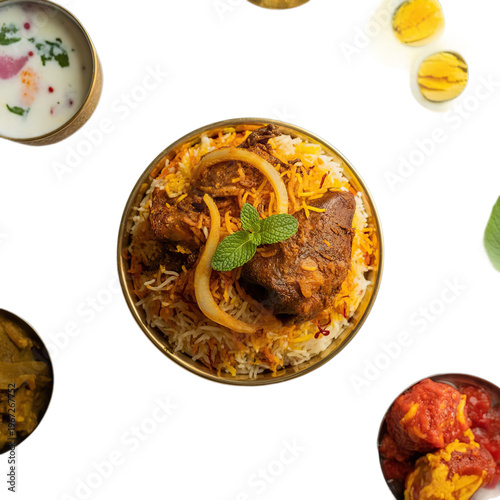 op view of indian food Hyderabadi Biryani isolated on white background