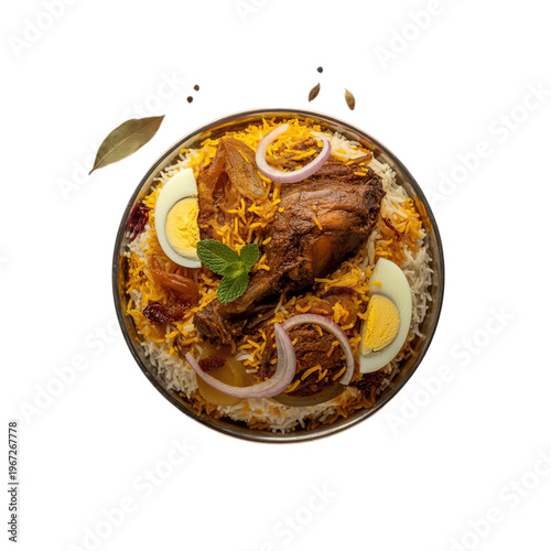 op view of indian food Hyderabadi Biryani isolated on white background