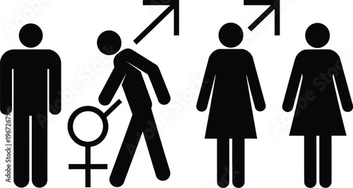 Collection of public toilet sign elements including man and woman figures with arrows for navigation and gender identity symbols.