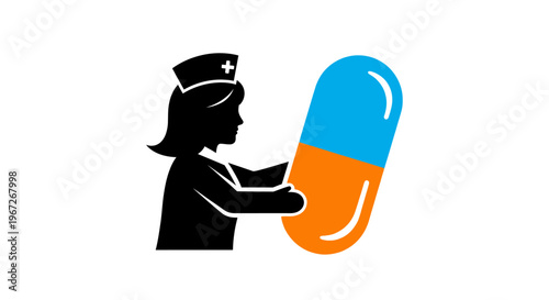 Nurse holding large blue orange capsule.