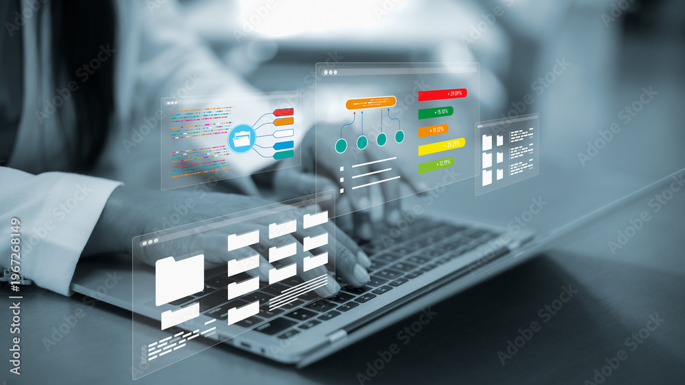 Fototapeta premium Efficient document management system for corporate business.Digital file storage and database organization.Cloud computing storage solution.Woman analyzing financial data and statistics with dms.