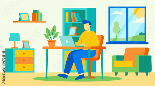 Man working on laptop at home office desk, remote work and productivity concept