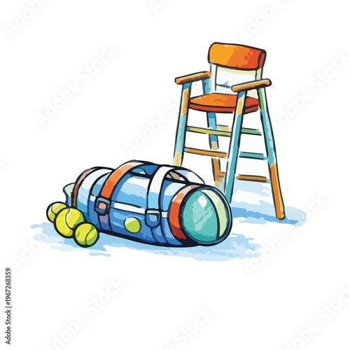 Watercolor illustration of a tennis umpire chair with a tennis bag and balls nearby.

