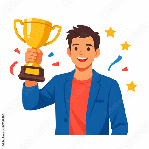 Person holding trophy for success flat vector illustration