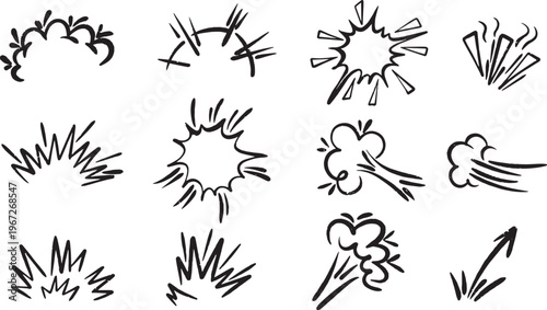 Black Line Comic Explosion Outline Icon Set. Burst Puff Impact Motion Lines Pop Art Cartoon Effects Symbols Isolated PNG Collection Design