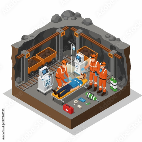 Isometric Mine Rescue Scene with Injured Miner and Rescuers.