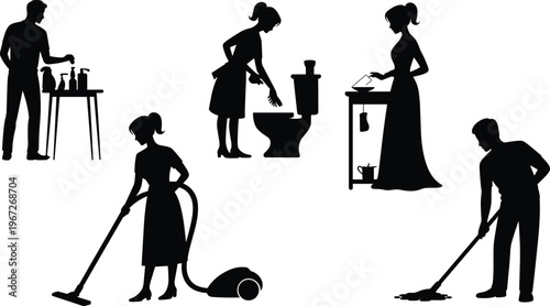 House cleaning silhouettes set, people doing housework, vacuuming, mopping floor, washing toilet, cooking in kitchen, domestic service, flat vector illustration, housekeeping.