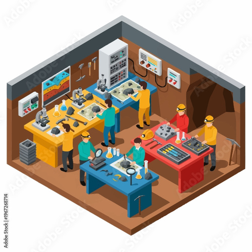 Isometric View of a Geology Lab with Scientists at Work.