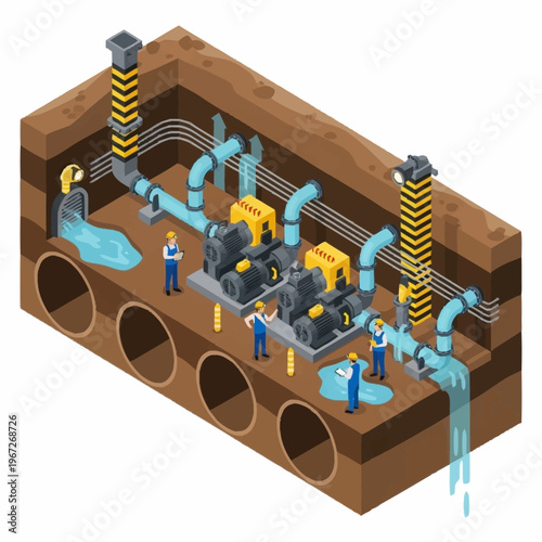 Isometric View of Underground Water Pumping Station with Workers.